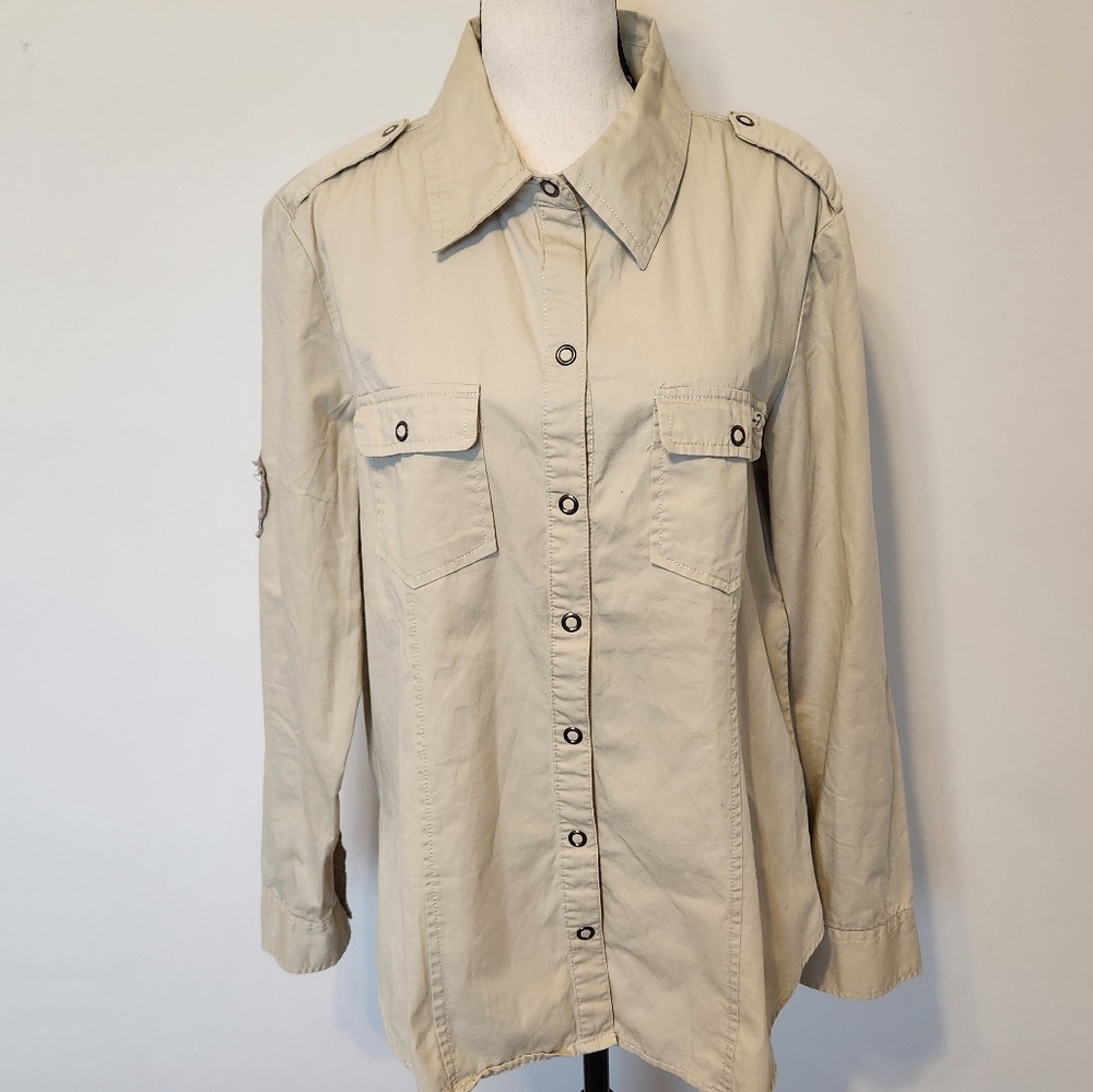 Seven7 Tactical Military Style Shirt Long Sleeve Snap up Tan Beige Large
